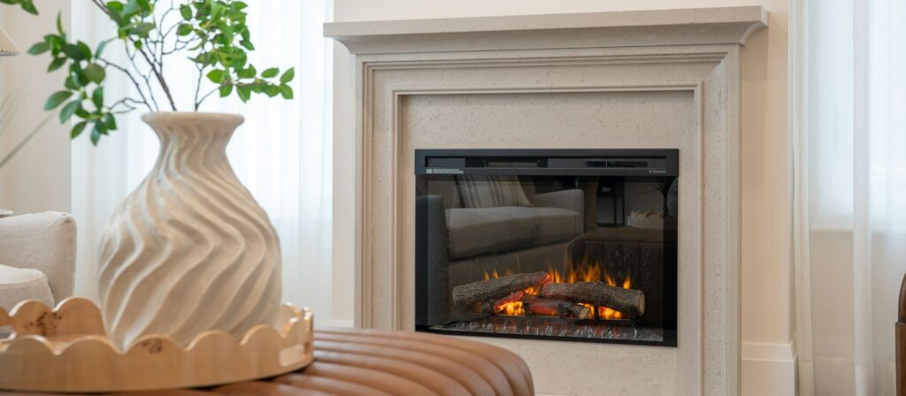 Electric fireplace insert with glowing log flames in a cream stone mantel